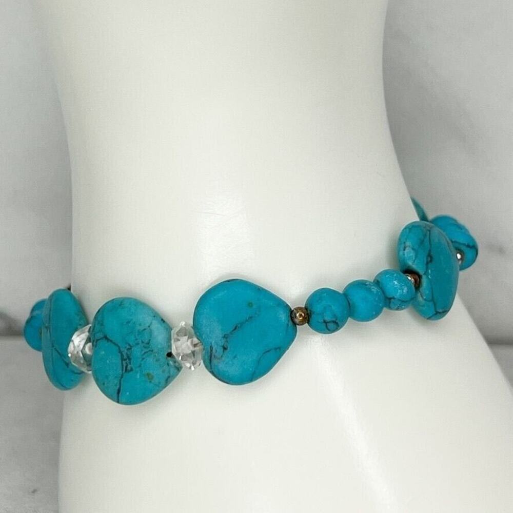 Faux Turquoise Heart Beaded Silver Tone Toggle Bracelet